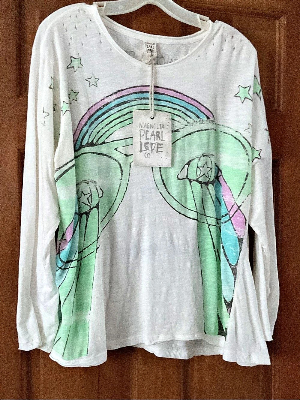 Magnolia Pearl TOP 1835 - Beaux Beach - 06 Abstract Long Sleeve Tee in White NWT